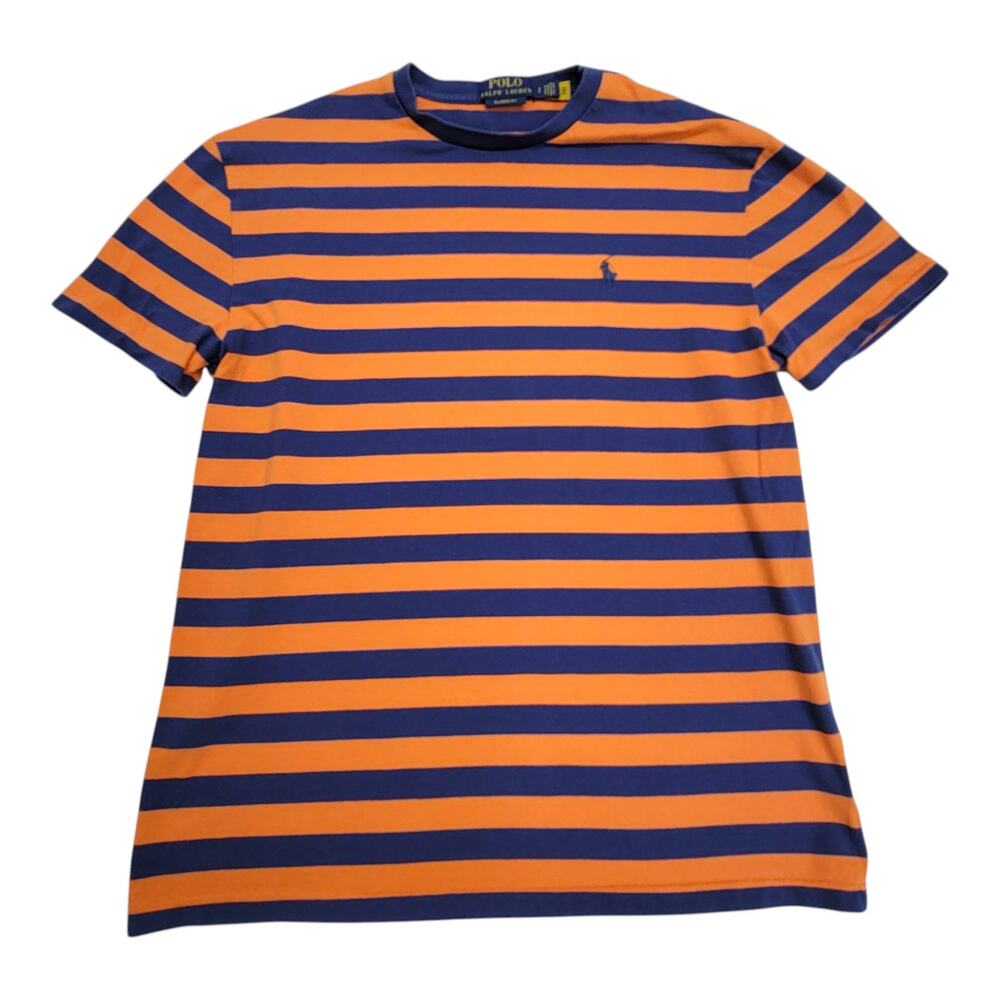 Polo Ralph Lauren Mens Small T Shirt Classic Fit Orange Blue Striped Crewneck